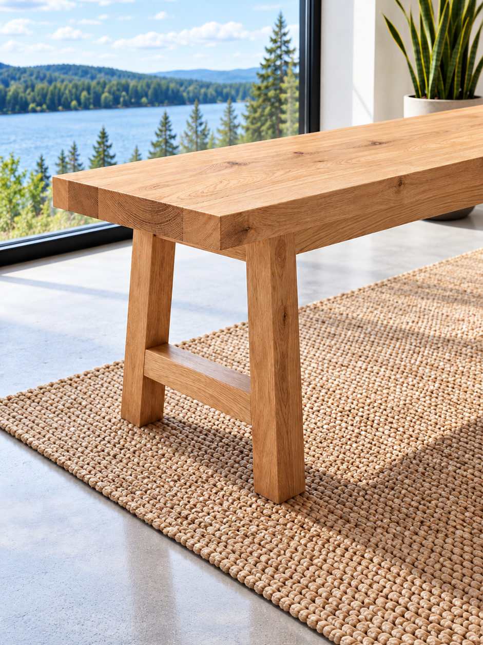 Close-up of the top and leg of the 60 in red oak bench