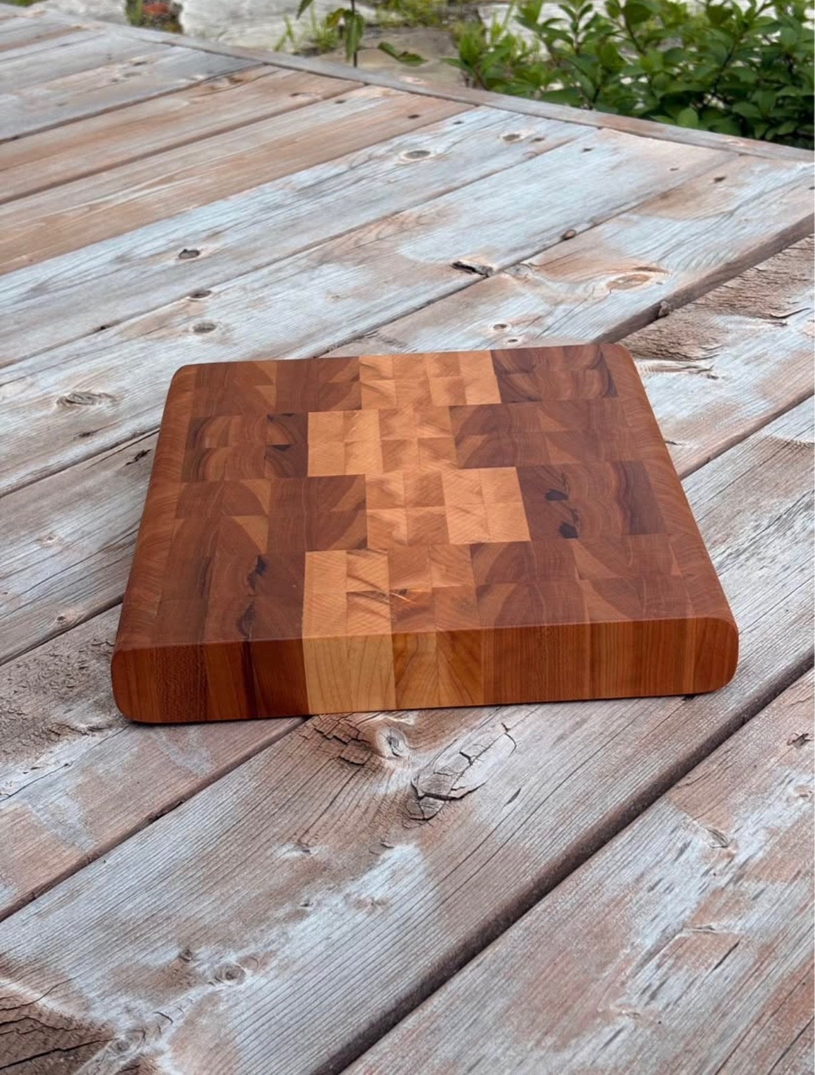 Cherry and maple end grain cutting board 11 x 12 in (sold), angled view