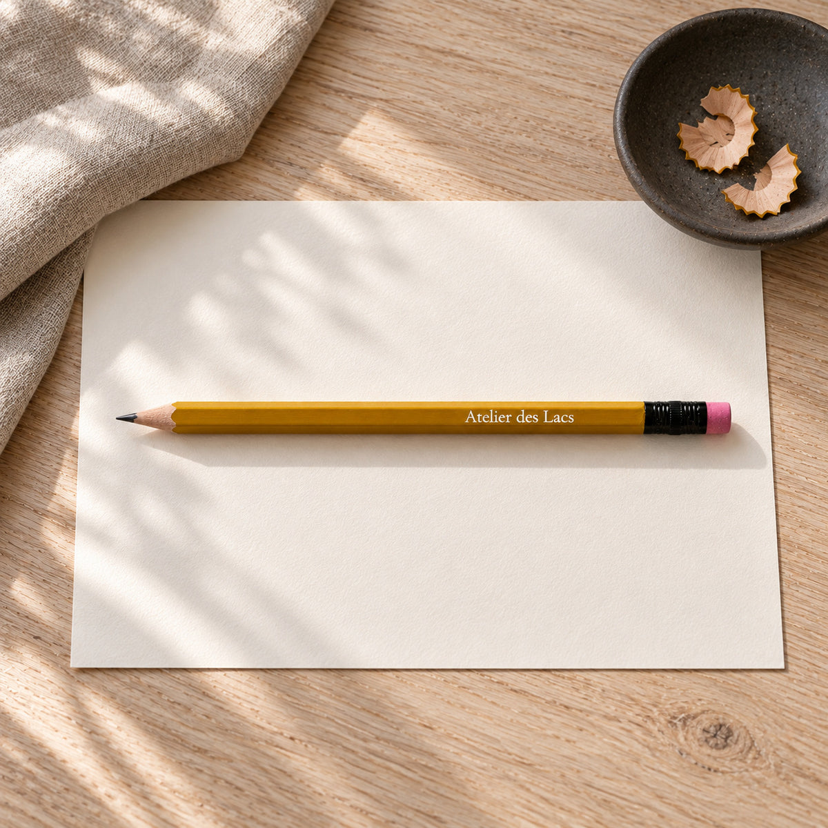 Atelier des Lacs yellow wooden pencil on cream card with a bowl of shavings