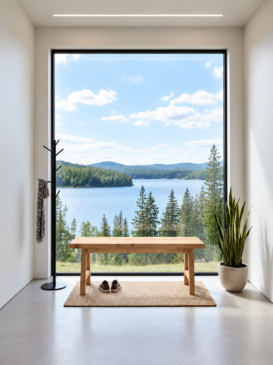 Banc en chêne rouge de 60 po devant une fenêtre avec vue sur le lac, vue de face