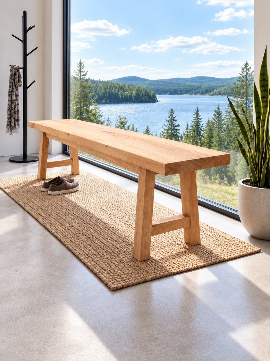 Banc en chêne rouge de 60 po sur un tapis de jute près d’une fenêtre avec vue sur le lac, vue de trois quarts