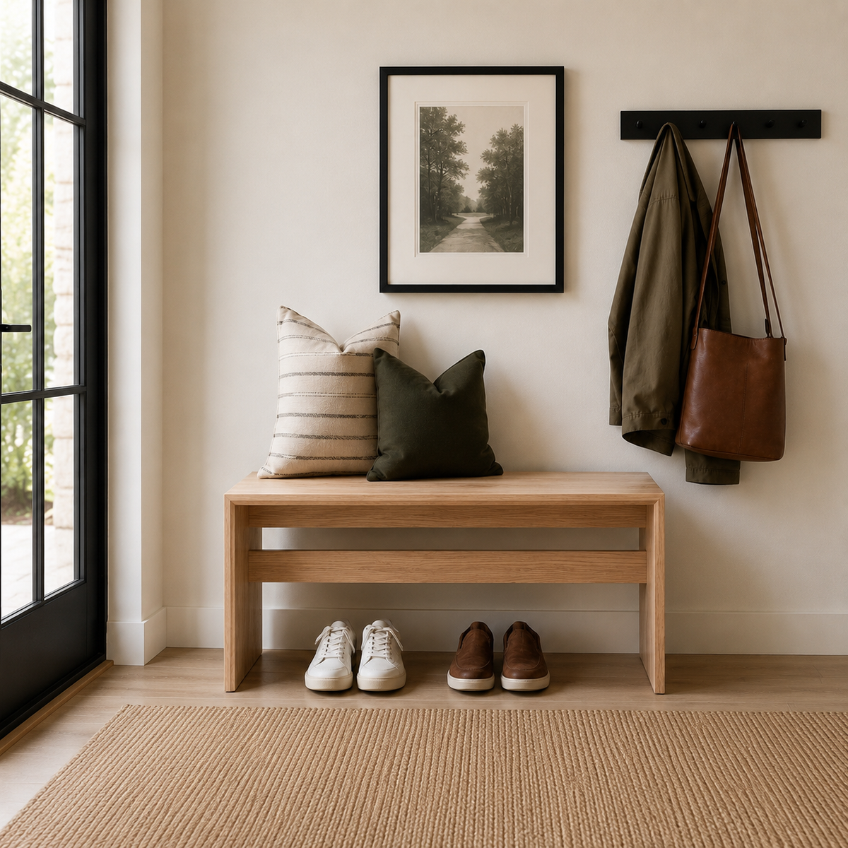 Banc en chêne rouge de 36 po (vendu) dans une entrée, avec des chaussures dessous