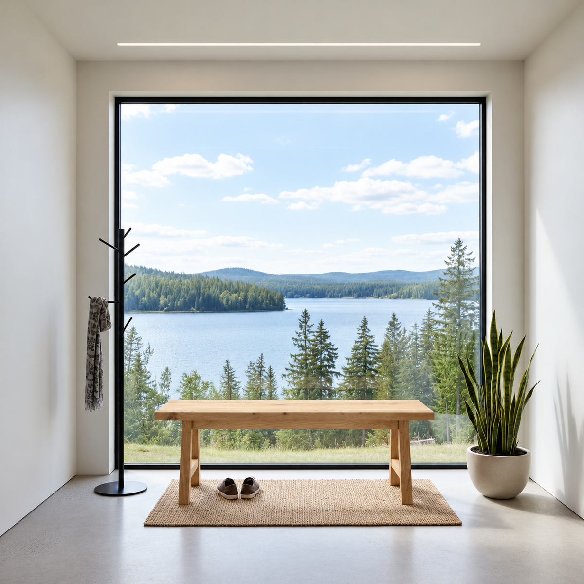 Solid red oak bench in front of a lake-view window