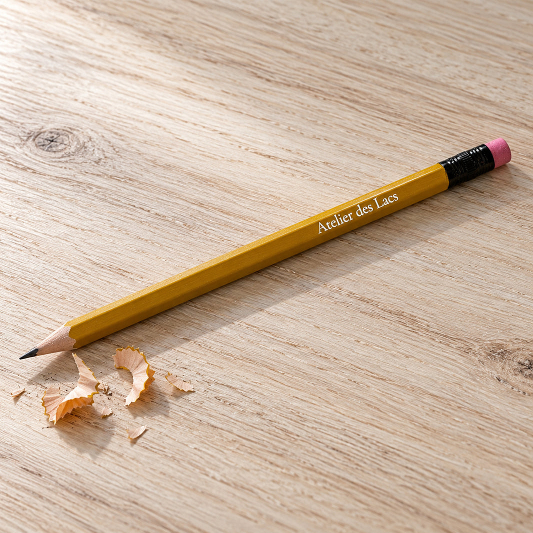 Crayon de bois jaune Atelier des Lacs sur du chêne, avec des copeaux